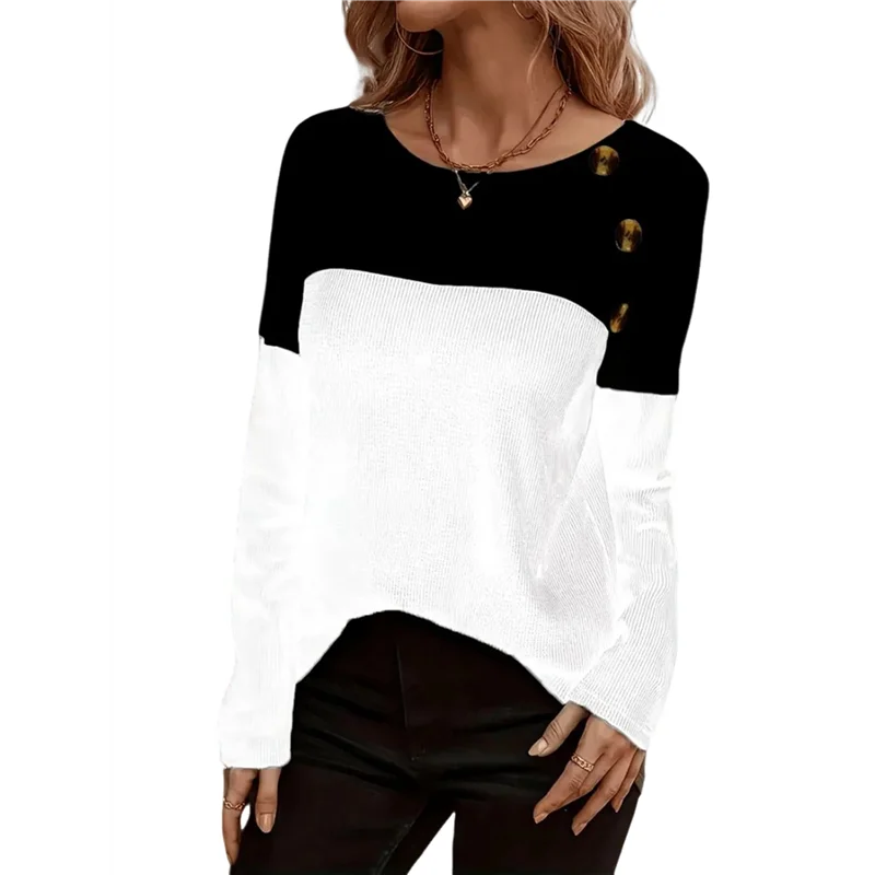 

Women Waffle Knit Shirts Long Sleeve Colorblock Tee Button Detail Tunics