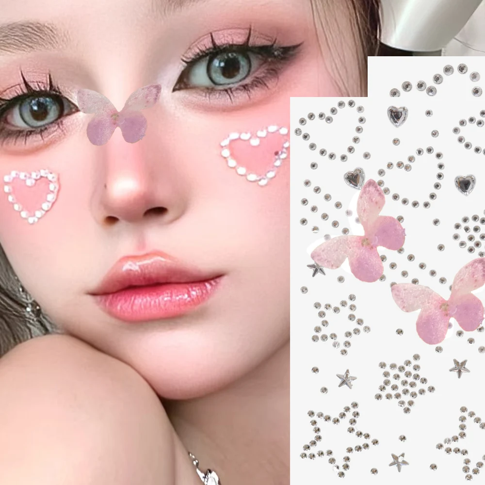 Pink Pentagram Stickers 3D Butterfly Star Face Jewelry Sticker Party Fake Temporary Tattoos Self-Adhesive Waterproof Crafts