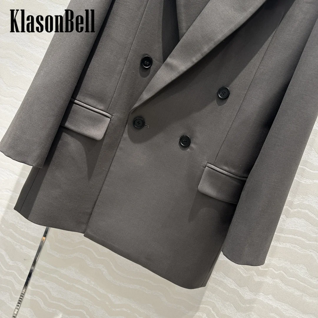 9.19 KlasonBell Women Classic Double Breasted Wool Blend Blazer Shoulder Pads Straight Mid-Length Long Sleeve Jacket