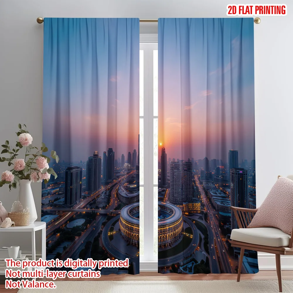 

2D flat printing 2pcs Curtain Skyscraper at Sunset Digital Printed Polyester Drapes All Season Party & Holiday Decor for Art