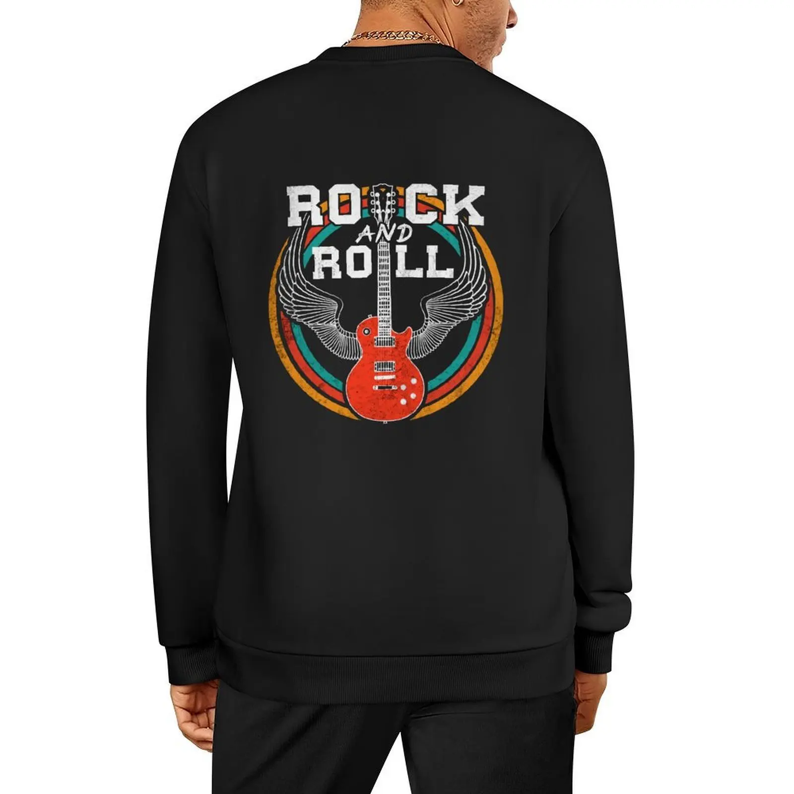 

Vintage Retro Distressed 80s Rock & Roll Music Guitar with Wings Pullover men's winter sweater autumn aesthetic sweatshirts