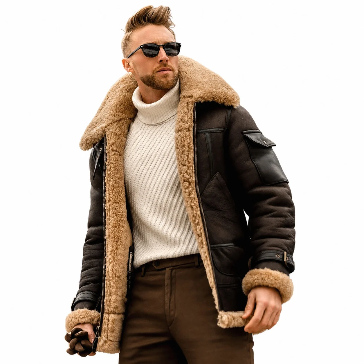 Women's British Style Thick Suede Slim Fit Notched Collar Zipper Solid Color Casual Winter Jacket with Faux Shearling Lining