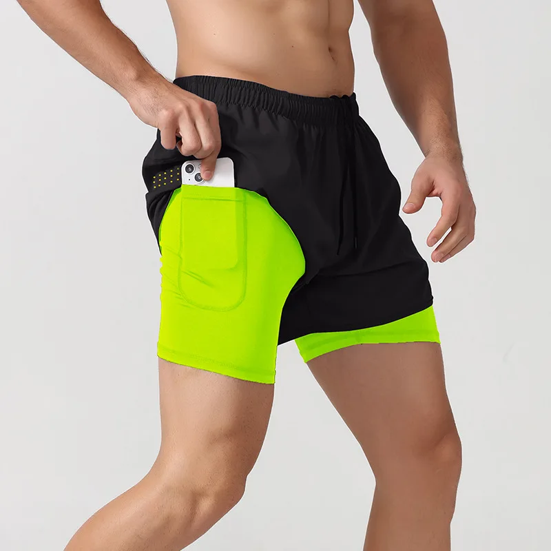 Men's Gym Shorts Running Marathon Athletics Loose-fitting Quick Dry Lined Gym Sportswear Anti-glare Double Layer Fitness Shorts