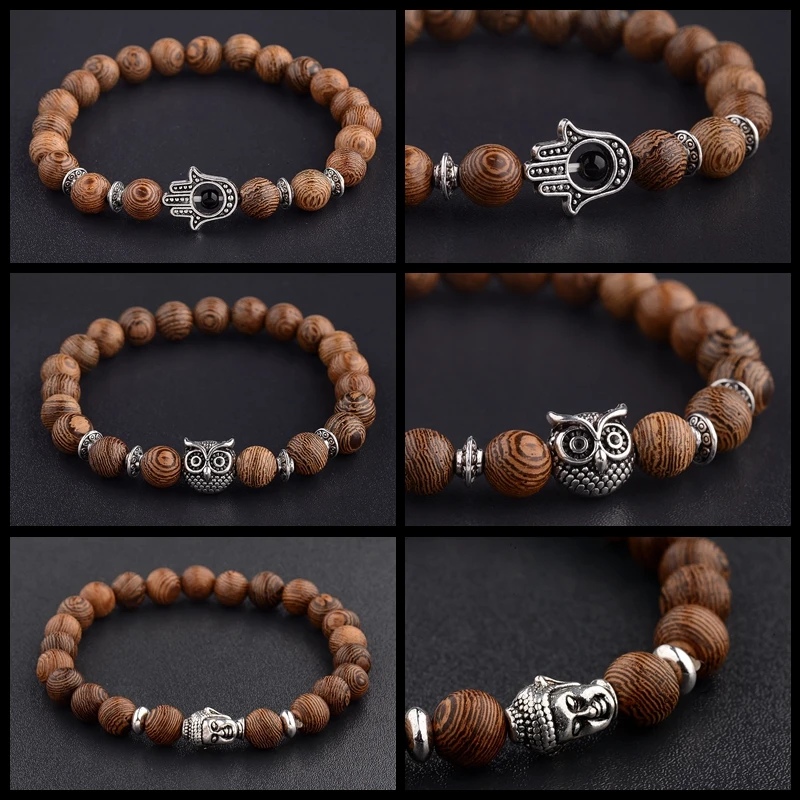 Natural Wooden 8mm Beads Fatima Hand Bracelet Classic Men Women Buddha Black Lava Bracelets Simple Yoga Meditation Jewelry