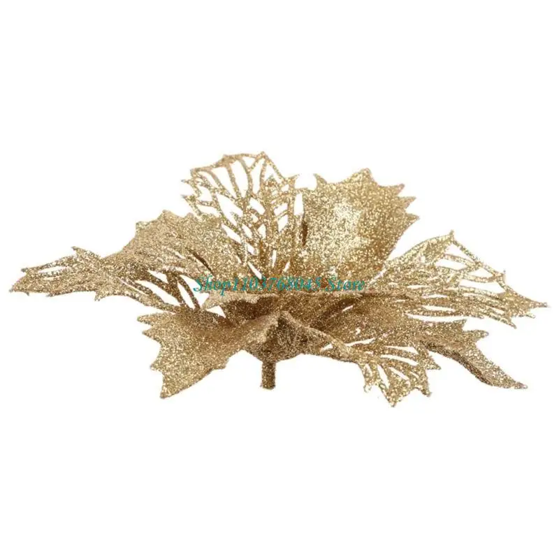 R53F 9cm Glitter Artifical Poinsettia Flower Christmas Tree Decorations for Xmas Wreath Ornaments Wedding Party