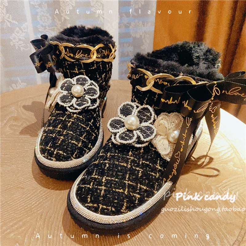 

Black Woolen Luxury Floral Beaded Designer Fur Shoes Women Custom Chains Bow Ankle Booties Ladies Thicken Plush Flat Snow Boots