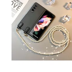 Stylish Pearl Crossbody Chain Phone Case For Samsung Galaxy Z Fold 7 ZFold 3 2 ZFold 4 ZFold 5 6 W25 Protective Cover Funda Capa