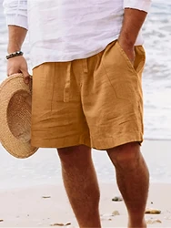 Men's summer cotton and linen shorts drawstring elastic waist straight leg solid color breathable daily beach five casual pants