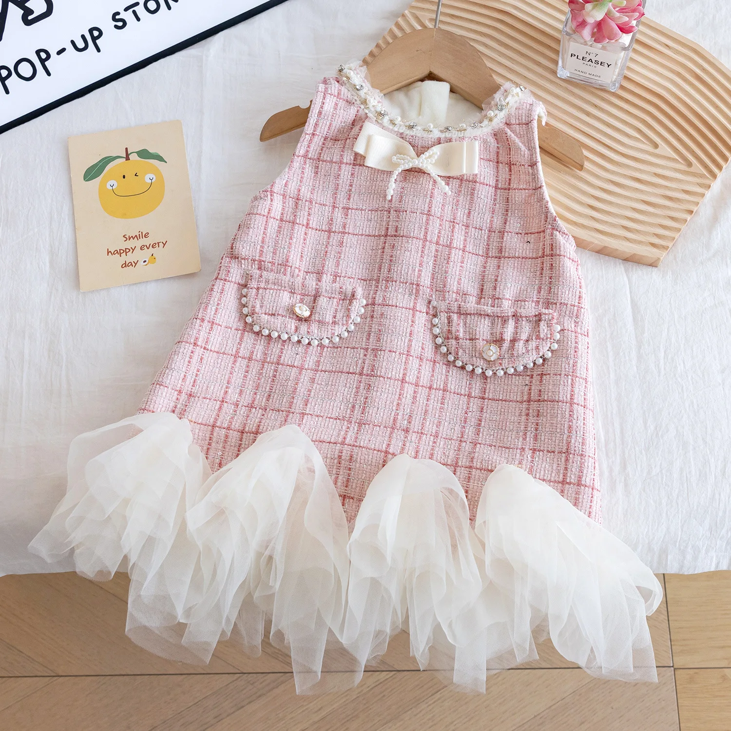 

Winter Toddler Girls Pink Dress Bow Pearl Thicken Warm Kids Baby Girls Puff Dress Sleeveless Little Girls Princess Dress