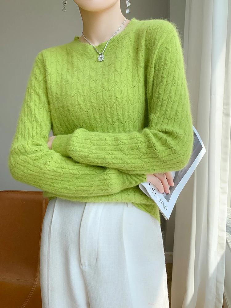 

Women's Lace O-neck Hollow Out Pullover 100% Merino Wool Sweater Grace Fashion Cashmere Solid Knitwear Autumn Winter Clothes Top