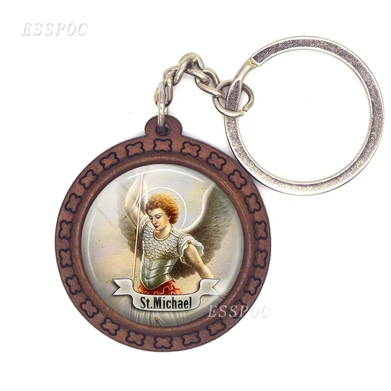 Virgin Mary Christian St Michael Clare Francis Religion Wooden Keychain Glass Cabochon Jewelry Women Men Pendant Key Chain Gift