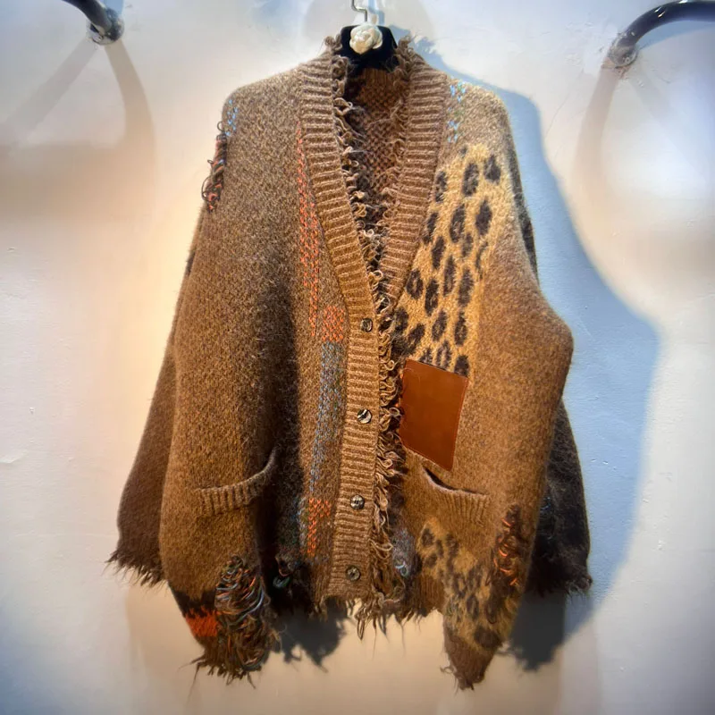 

Европа 202, осень-зима, новый винтажный лоскутный леопардовый принт, свободный утягивающий толстый свитер с цветными блоками, кардиган, пальто для женщин