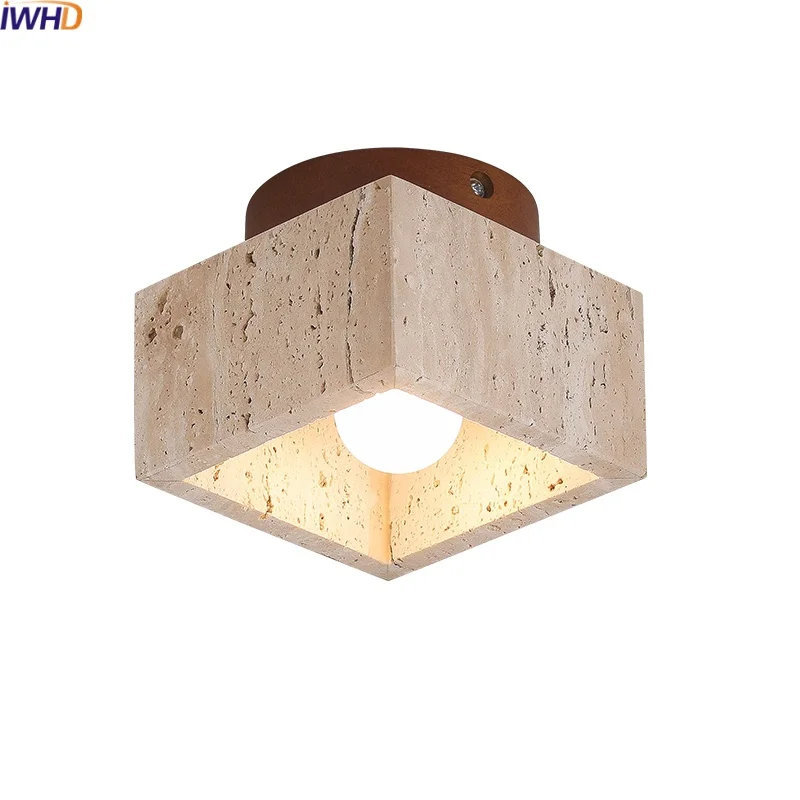 

IWHD Wood Stone LED Ceiling Lamp Natural Travertine Home Decor Hallway Balcony Living Room Light Fixtures Candeeiro De Techo