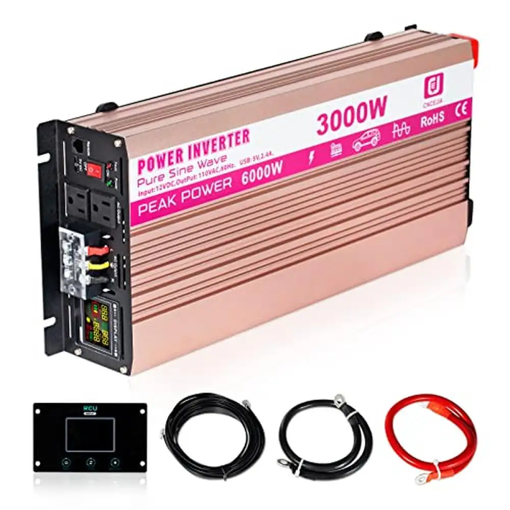 Pure Sine Wave Power Inverter 3000W Peak 6000W 12V DC to 110V 120V AC LED Remote Display RV Truck Solar System Power Supply