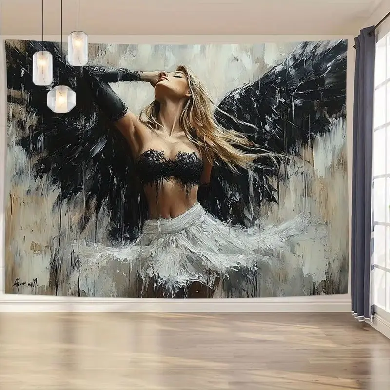 VIKAMA Dark Angel Oil Painting Tapestry Gothic Winged Woman Texture Art Wall Hanging Modern Vintage Living Bedroom Wall Decor