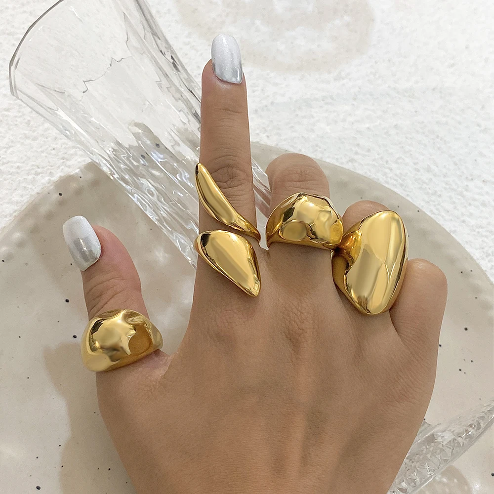 Greatera Gold Color Series 7/8/9 Size Long Short Teardrop Shape Rings Chunky Irregular Design Stainless Steel Women's Jewelry