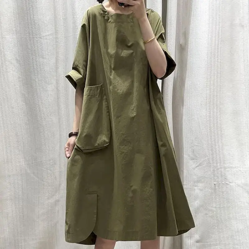 

French Vintage Style Dress Women Fashion Design Loose Oversized Dresses Casual Slim A-line Short Sleeve Dress 2024 Summer Trend