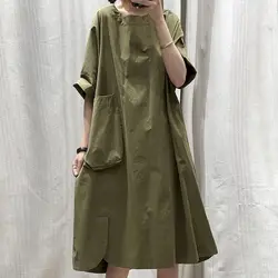 French Vintage Style Dress Women Fashion Design Loose Oversized Dresses Casual Slim A-line Short Sleeve Dress 2024 Summer Trend