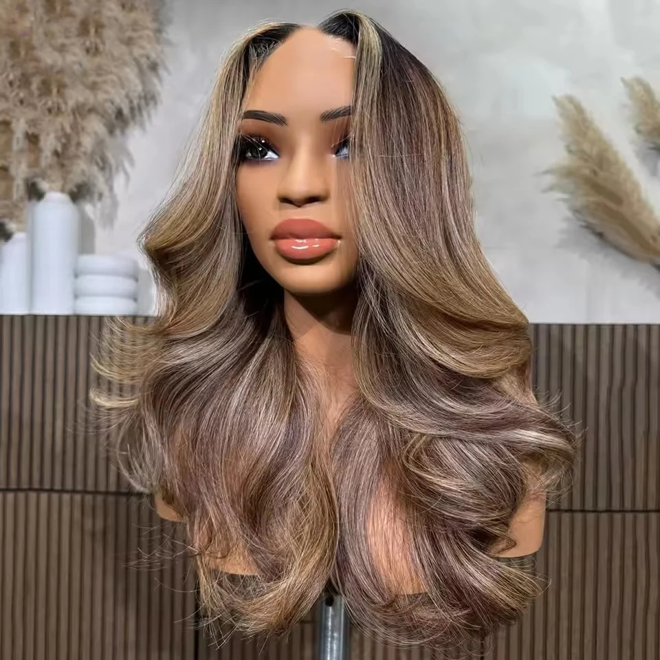 Super Wavy Long Highlight Balayage Chestnut Brown Ash Blonde HumanHair U Part Wigs Combs/Clips V Shape Open Remy Indian Hair Wig