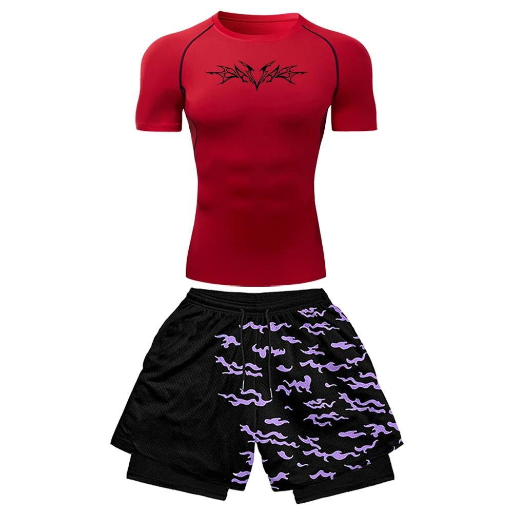 

Summer Breathable Athletic Set High Elasticity Workout for Men Compression T-shirt & Performance Graphic Printed Running Shorts