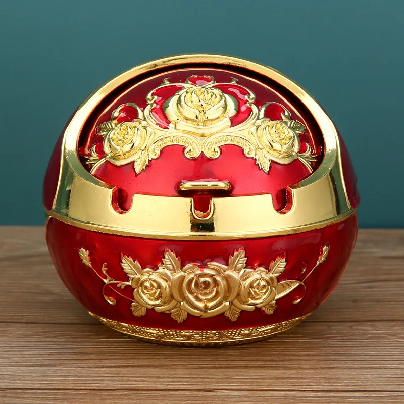 

2025 New Ashtray Zinc Alloy Windproof Semi Closed Cover 3D Enamel Design Globe Ashtray Large-red and gold-rose