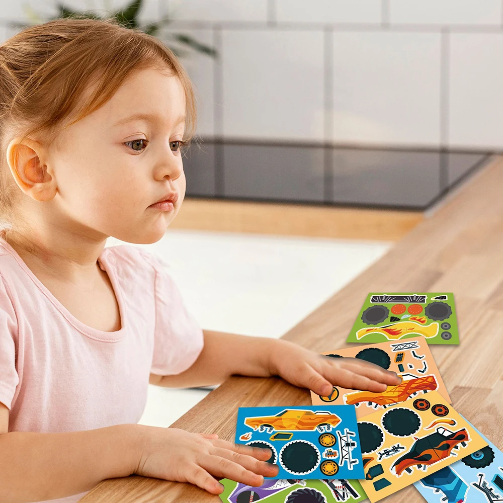 6/12 fogli adesivi puzzle camion Crea il tuo adesivo per assemblaggio auto Monster Truck Bambini Regalo per bambini Giocattoli fai da te Divertenti