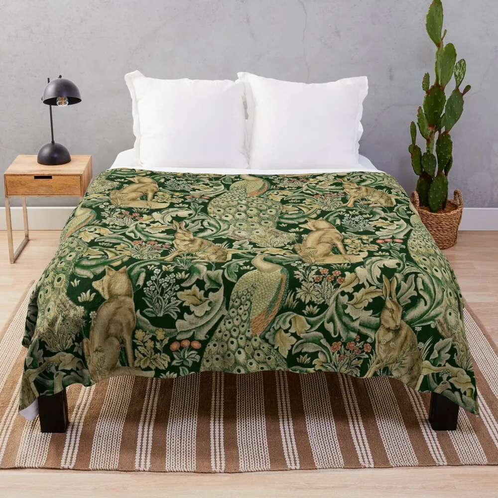 

GREEN FOREST ANIMALS ,PEACOCKS, FOX AND HARE IN GREEN LEAVES,FLORAL PATTERN Throw Blanket Kid'S Cute Plaid Bed Blankets