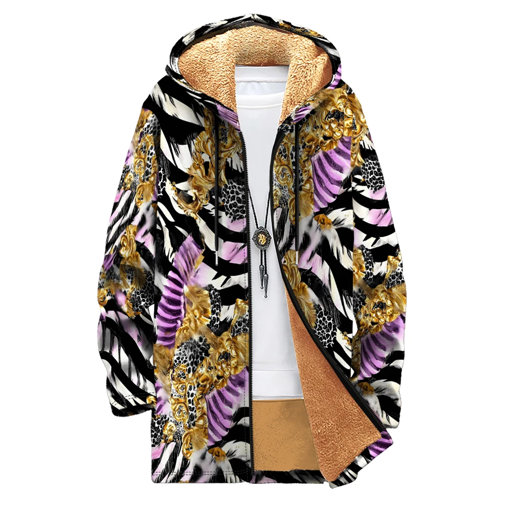 Animal Artful Zebra Stripe Printed Men Cardigan Coats Long Parka Fleece Plush Thick Jacket Warm Outerwear Plus Size Clothing