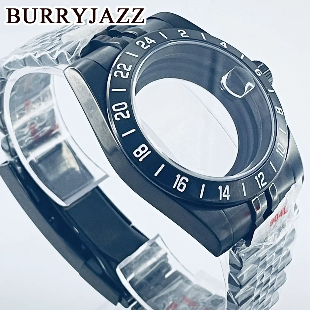 BURRYJAZZ 39 مللي متر NH34 NH35 NH36 NH70 NH72 ETA2824 PT5000 ساعة حافظة GMT وعاء من الستانليس ستيل الأسود والياقوت الزجاجي