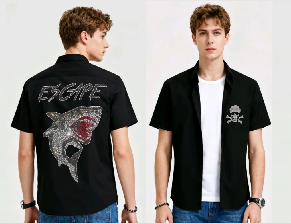 

Slim Fit Men's Summer Short Sleeve Skull Shirt with Glittering Rhinestone Embellishments Ideal for Casual Holiday shirts