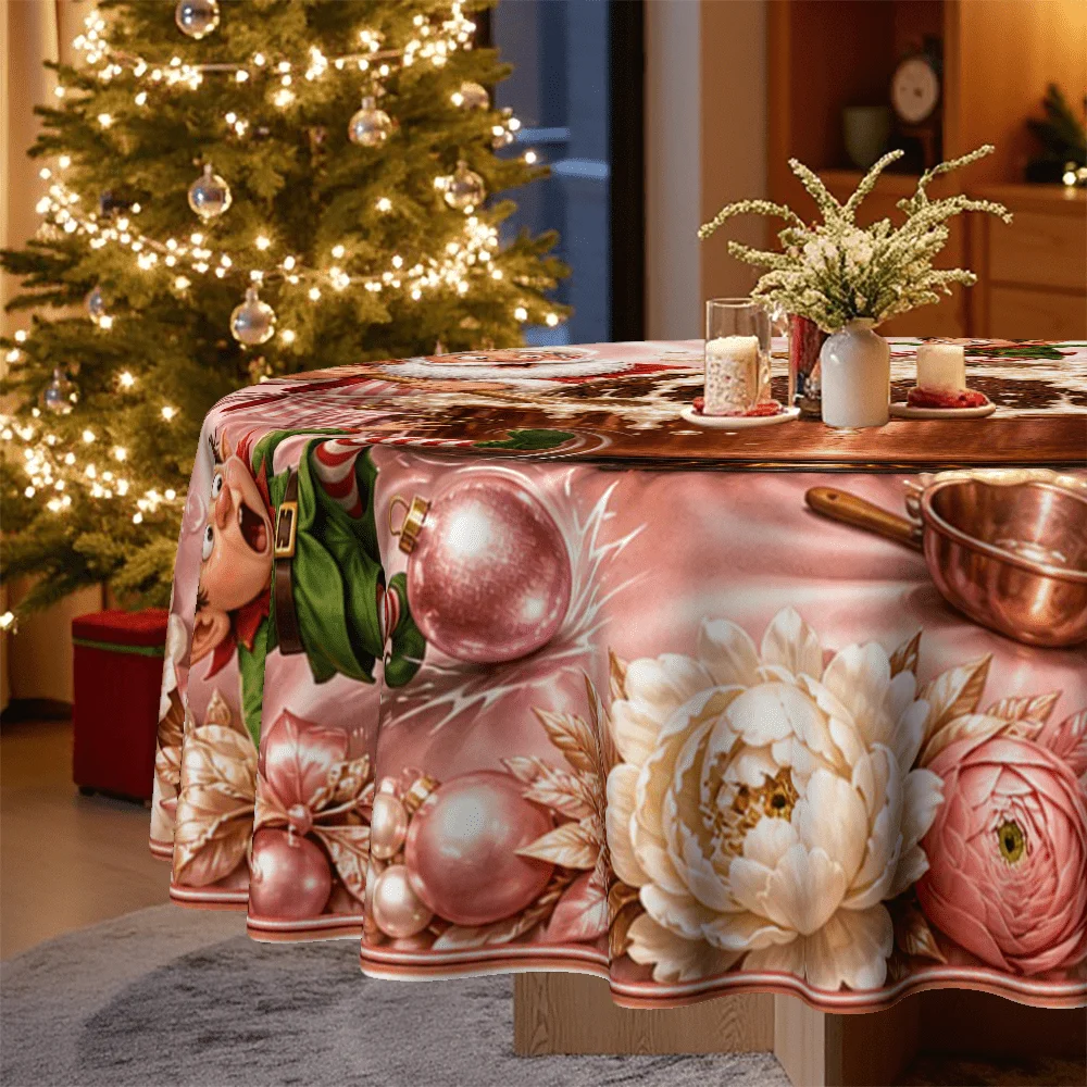 1 round tablecloth, fun Christmas-themed design with Santa Claus, elves and reindeer motifs