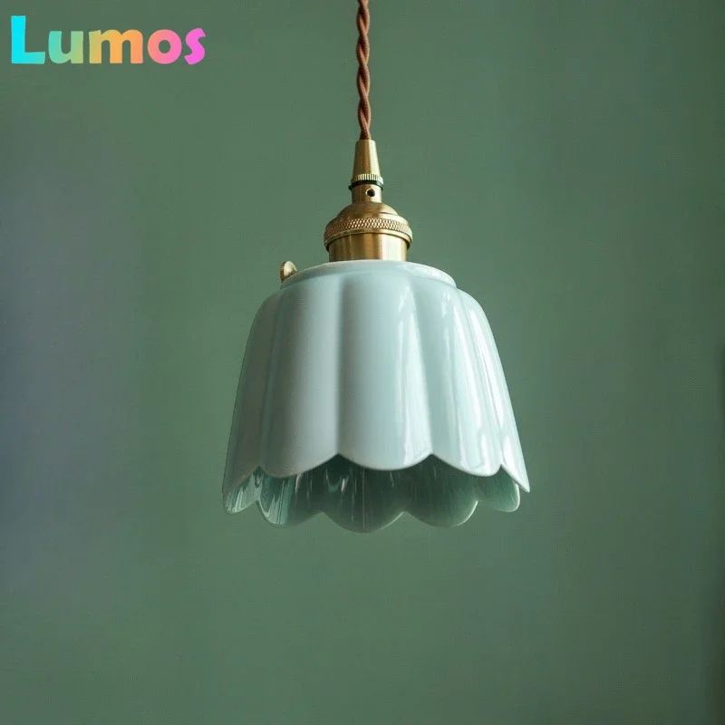 

PF Flower Ceramic LED Pendant Lights Cafe Loft Bedside Living Room Kitchen Home Decor American Vintage Hanging Lamp Luminaria