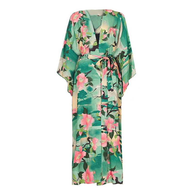 الشاطئ يغطي النساء الأخضر كرين المطبوعة كيمونو رداء فسكوزي الذاتي مربوط ملابس السباحة كيب الصيف عطلة لباس سباحة