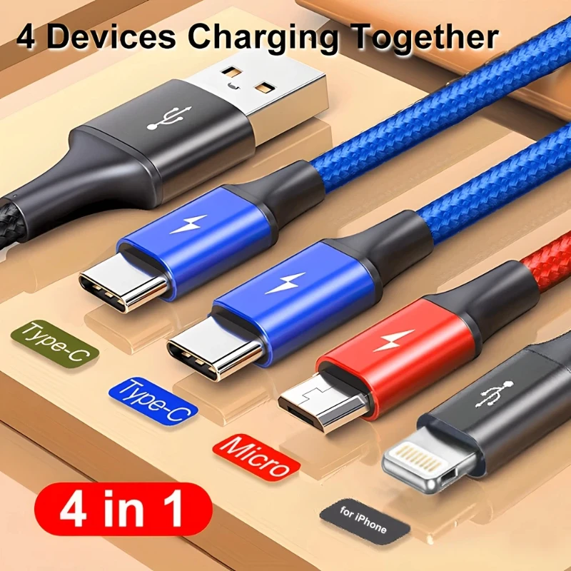 4 in 1 Multi Charging Cable Fast Charging Braided USB Cord IP Type C Micro for iPhone 15 14 13 Pro Max Android Huawei Samsung
