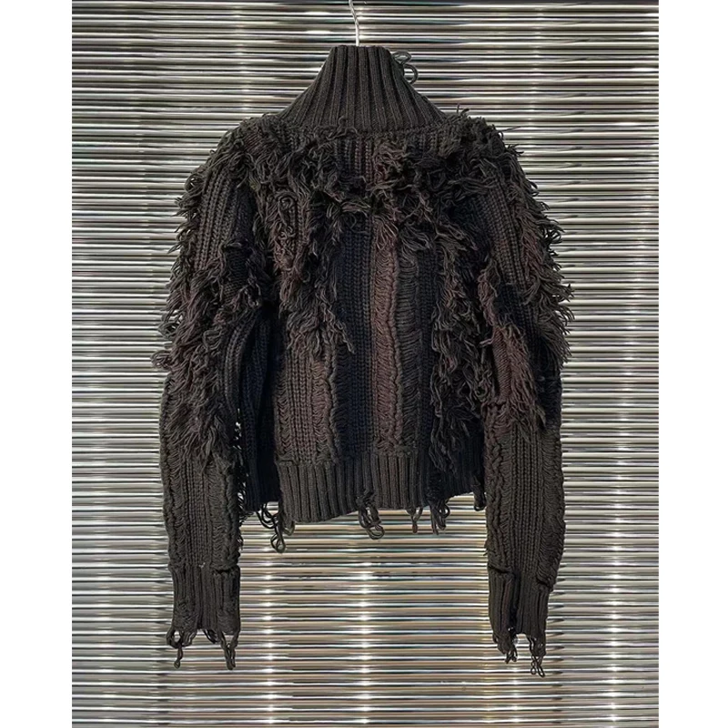 Cappotto maglione strappato con nappe asimmetriche moda coreana femminile 2023 autunno inverno dolcevita con Zip maglione lavorato a maglia marea