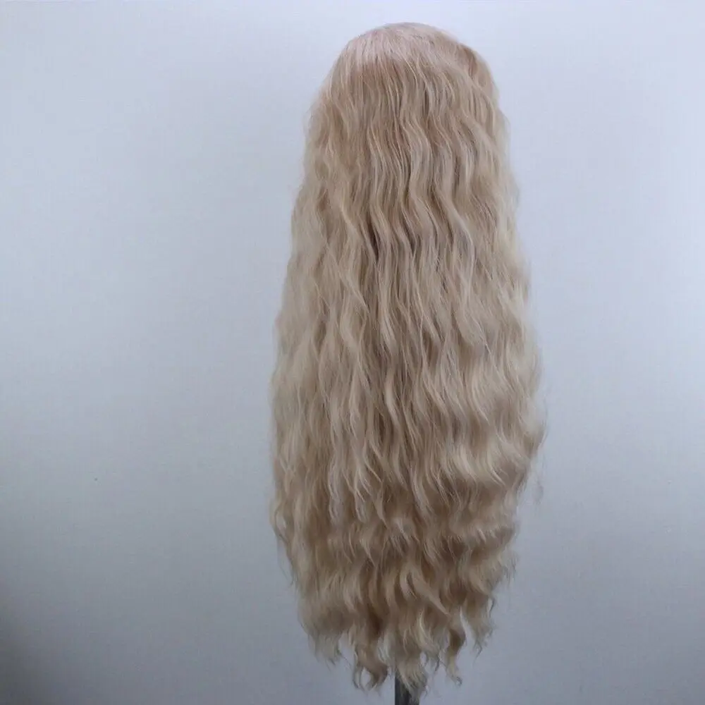 Glue Less T Lace Front Wig Platinum blonde Natural Long Wavy Synthetic Heat Resistant  Wigs