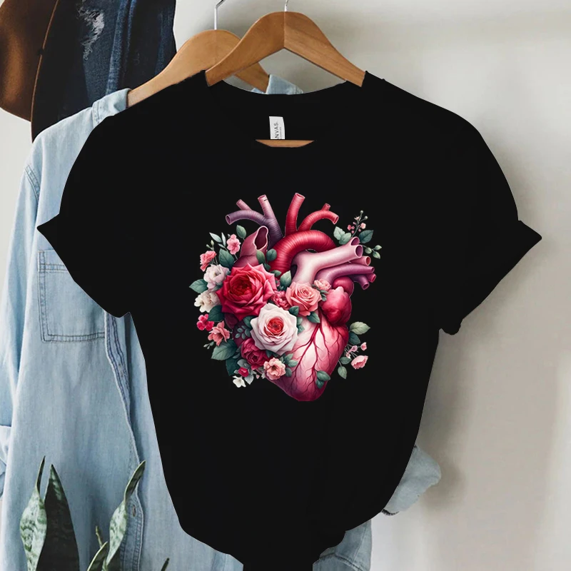 Watercolor Heart Floral T-shirt Women Funny Anatomical Graphic Tee Shirt Top Aesthetic Vintage Women Cardiology Nursing Tshirts