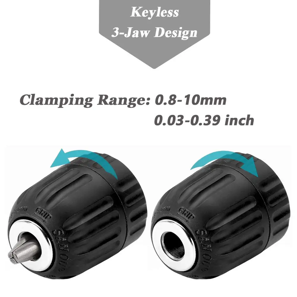 Keyless Drill Chuck 0.8-10mm 3/8-24UNF, Hex Shank/SDS-Plus/Square Quick Grip Adapter, Chuck for Drill Bit Screwdriver Tap&Socket