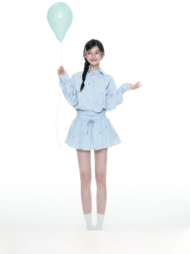 

Loose Long Sve Blue Striped irt for Women ELEVEN SP Korean Sle Commute Wind Knot Polyester Cotton Blend