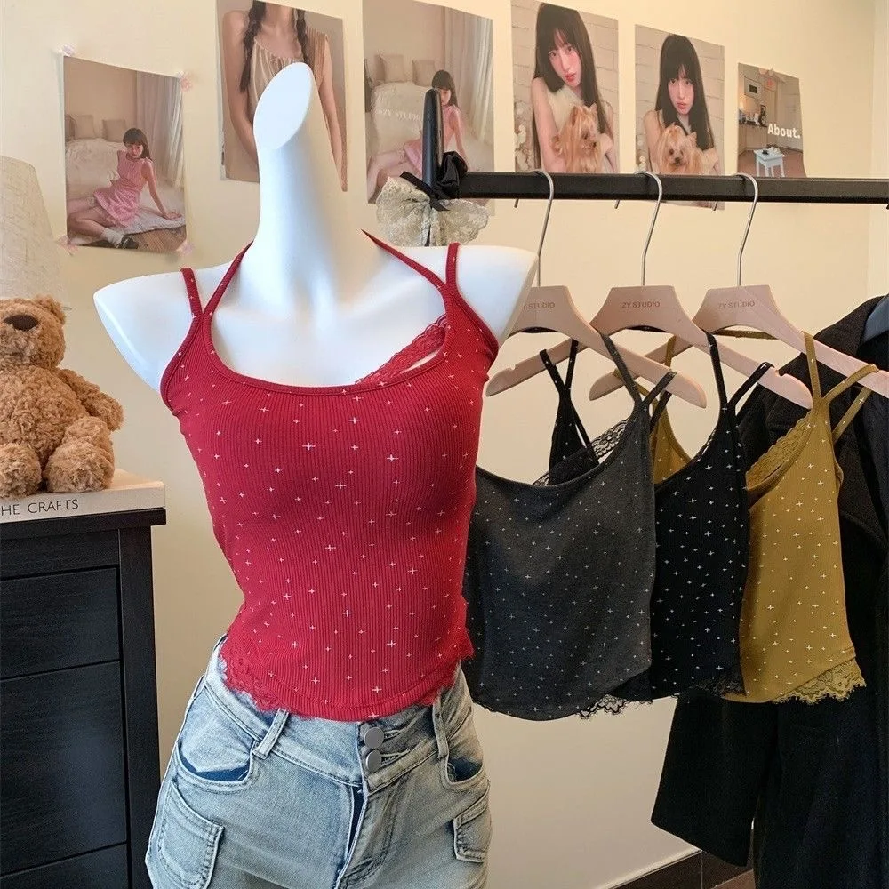 

Goth Grunge Punk Black Lace Patchwork Halter Top Women's Summer Print Ruched Backless Sleeveless Tank Top Streetwear Y2K Clothes