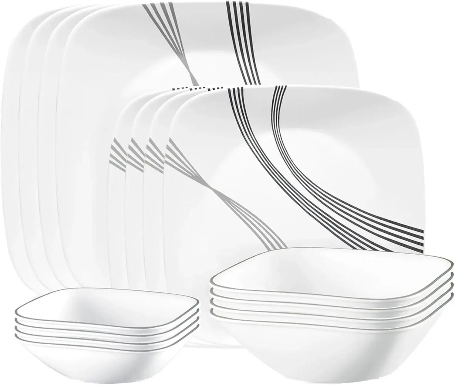 

Urban Arc 16pc, Service for 4, Dinnerware Set, 8 Plates Bowls, Chip & Break Resistant, Dinner and ware White