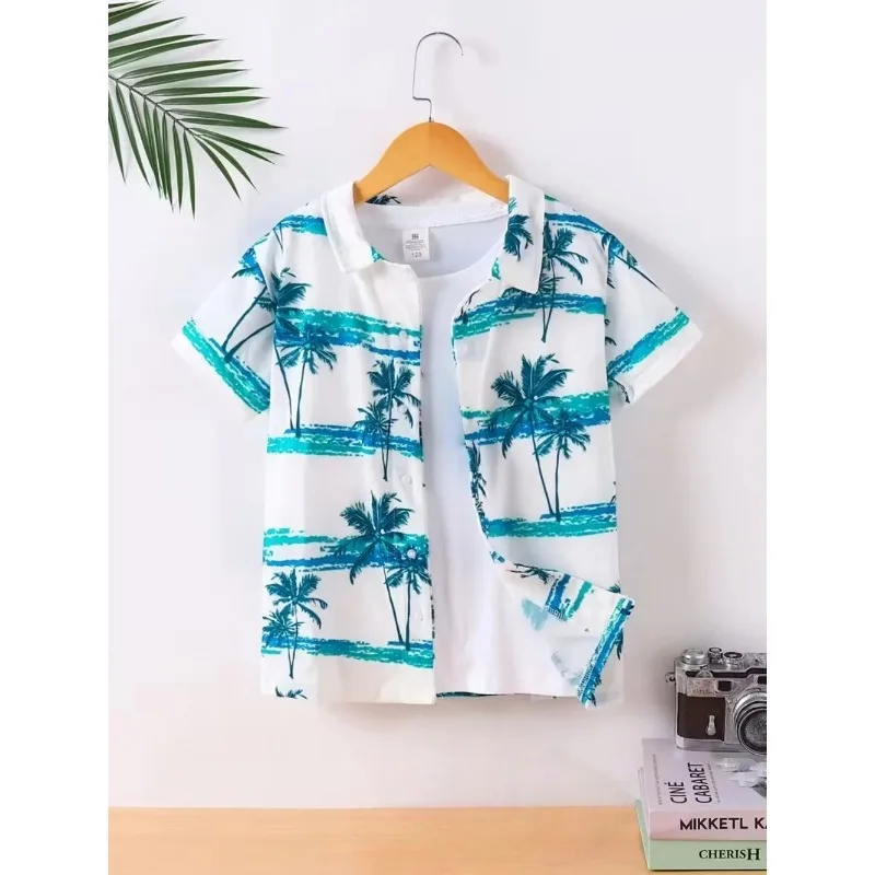 

Summer Casual Children's Beach Shirt, Suitable for Summer Beach Surfing and Travel Clothing, Coconut, Waves, Sunbathing