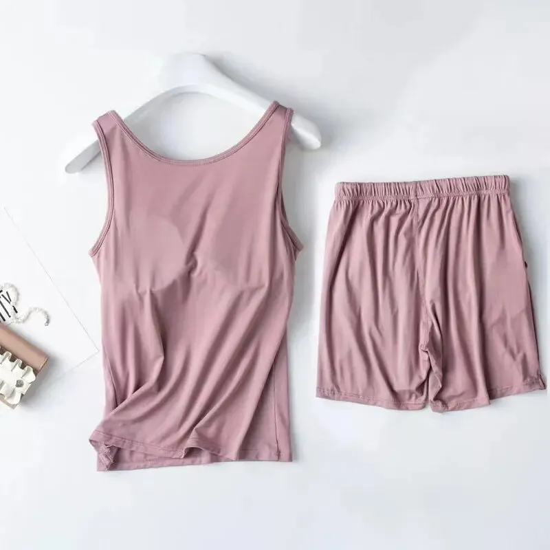 Camisole Homewear Set Pajama Summer New WOMEN\'S Modal Pajamas Two-piece Vest + Shorts with Chest Pad Lingerie Seamless Cup 2023