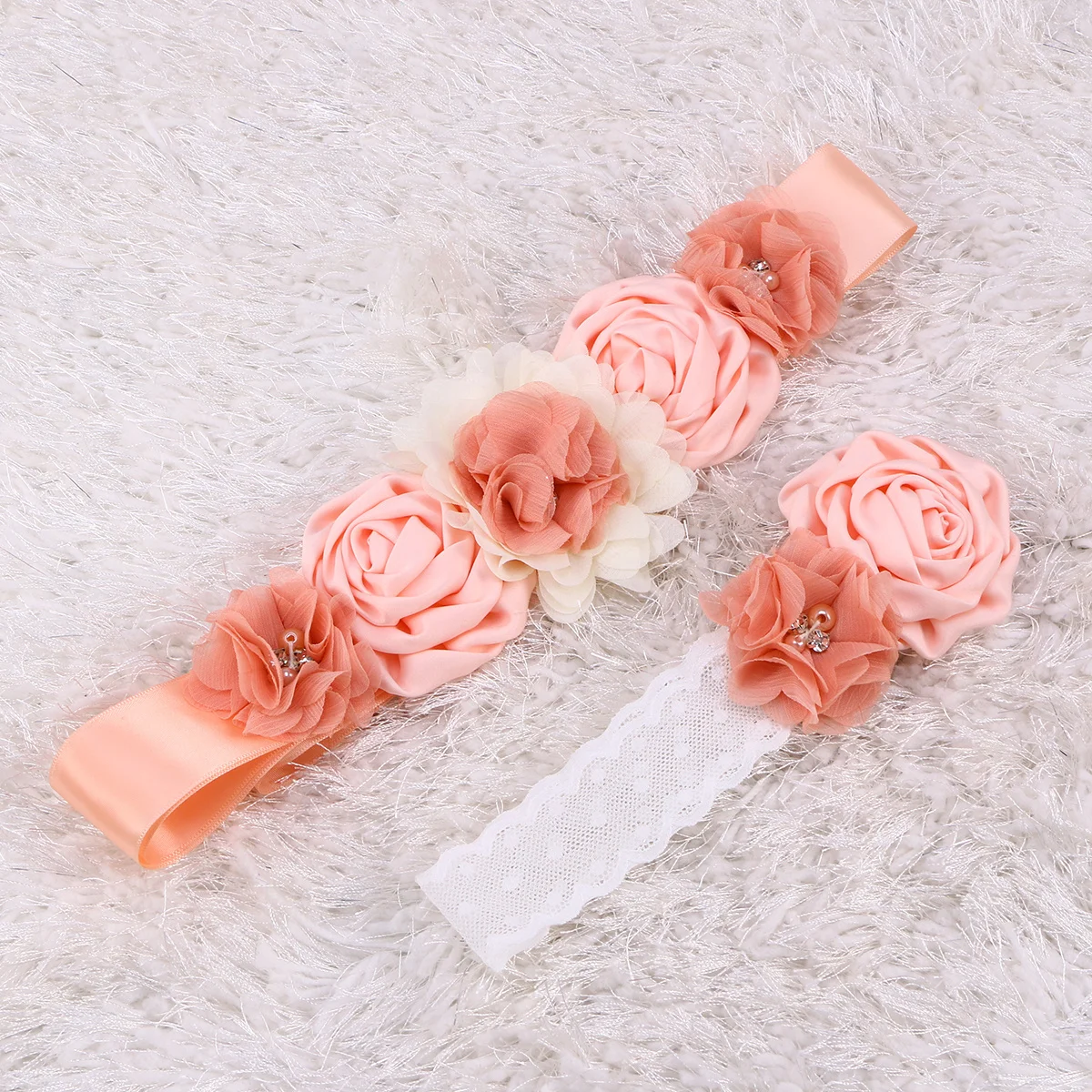 

2pcs Flower Girl Sash Belt Satin Ribbon Rhinestone Pearl Handmade Floral Waistband For Wedding Bridesmaid Maternity Decor