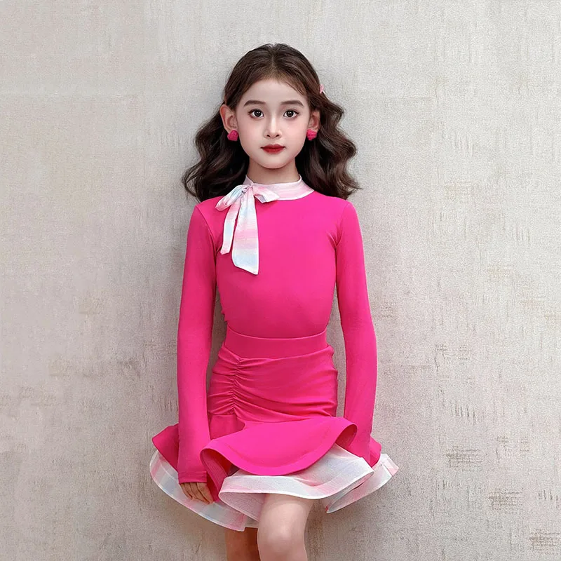Rose Roze Latin Dans Jurk Meisjes Prestaties Kleding Lange Mouwen Chacha Dans Praktijk Kleding Competitie Jurk DNV25315