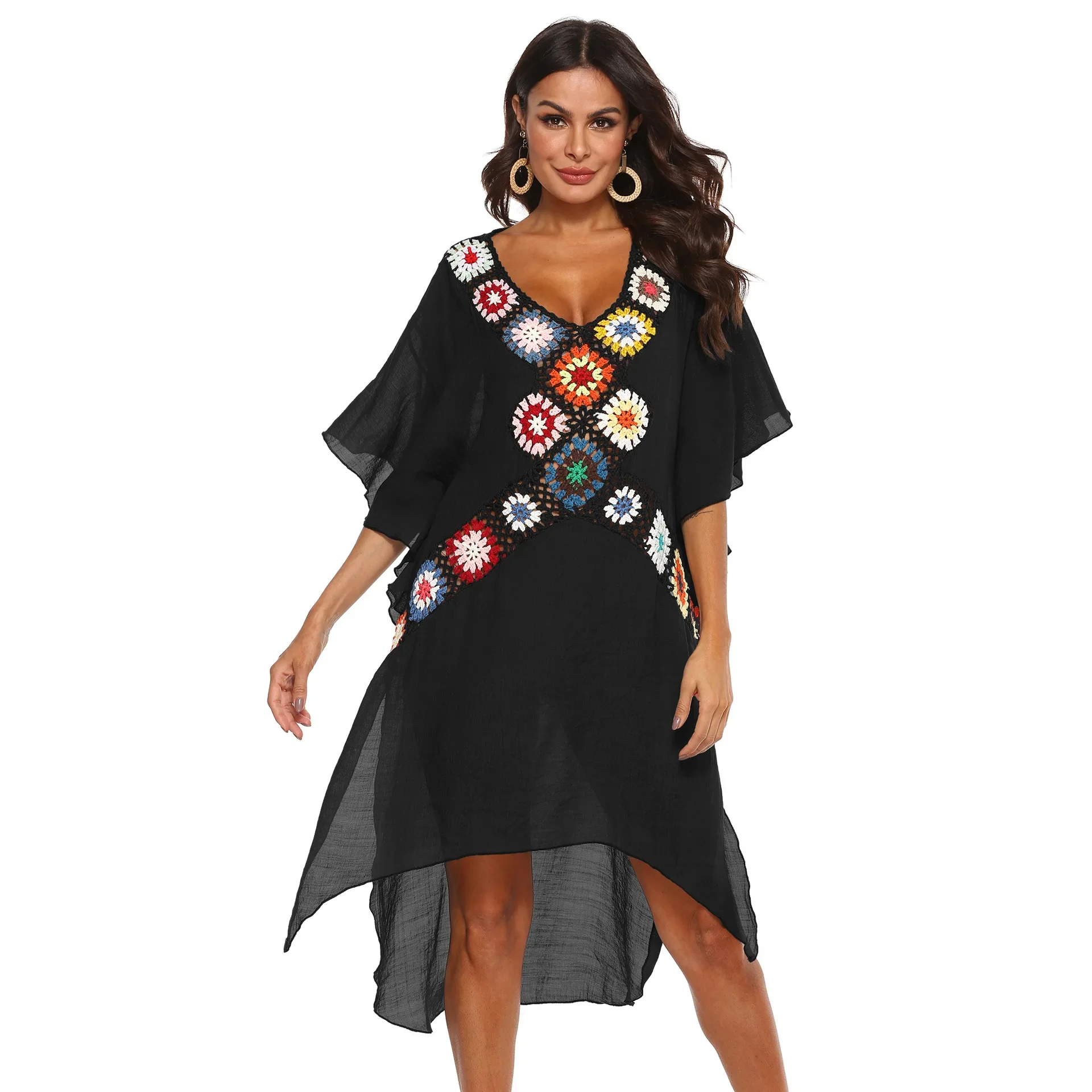 

2025 Spring Summer Hand Hook Flower Patchwork Irregular Beach Dress Hook Splicing Hollow Loose Beach Sunscreen Black