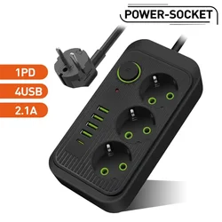 Multiprise multiprise EU Plug Power Strip, câble d'extension de 2m, prises électriques 3AC, 4 USB 1, filtre réseau de type C, charge rapide