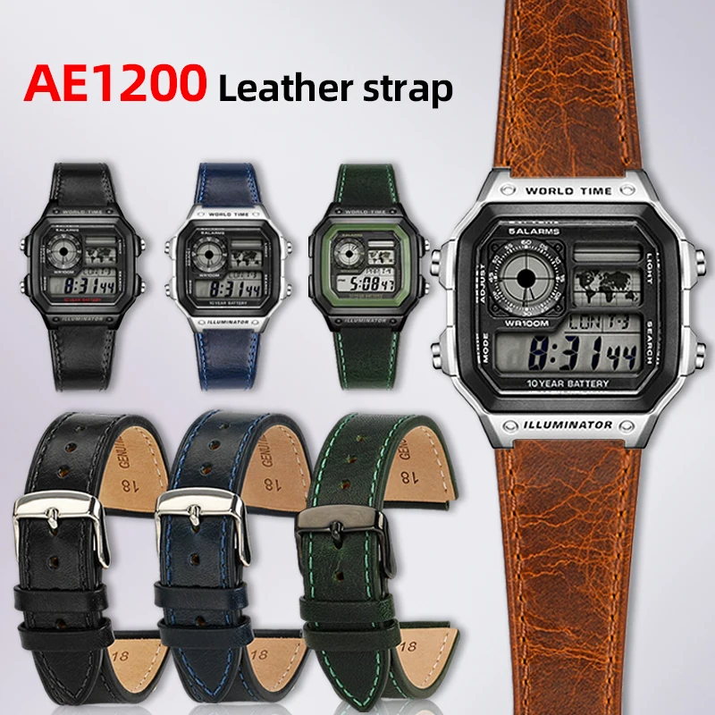 Retro Genuine Leather Watch Band For Casio AE1200 AE1300/1000 A158W A168 W-216H Vintage Cowhide Strap18mm Convex End Watch Chain