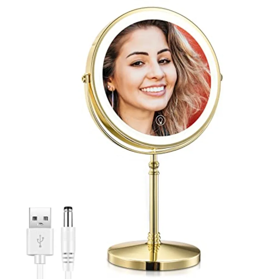 

Rechargeable 8'' Lighted Makeup Mirror, 1X 10X Magnifying Vanity Mirror with 3 Color LED Lights, Touch Sensor Adjust Brightness