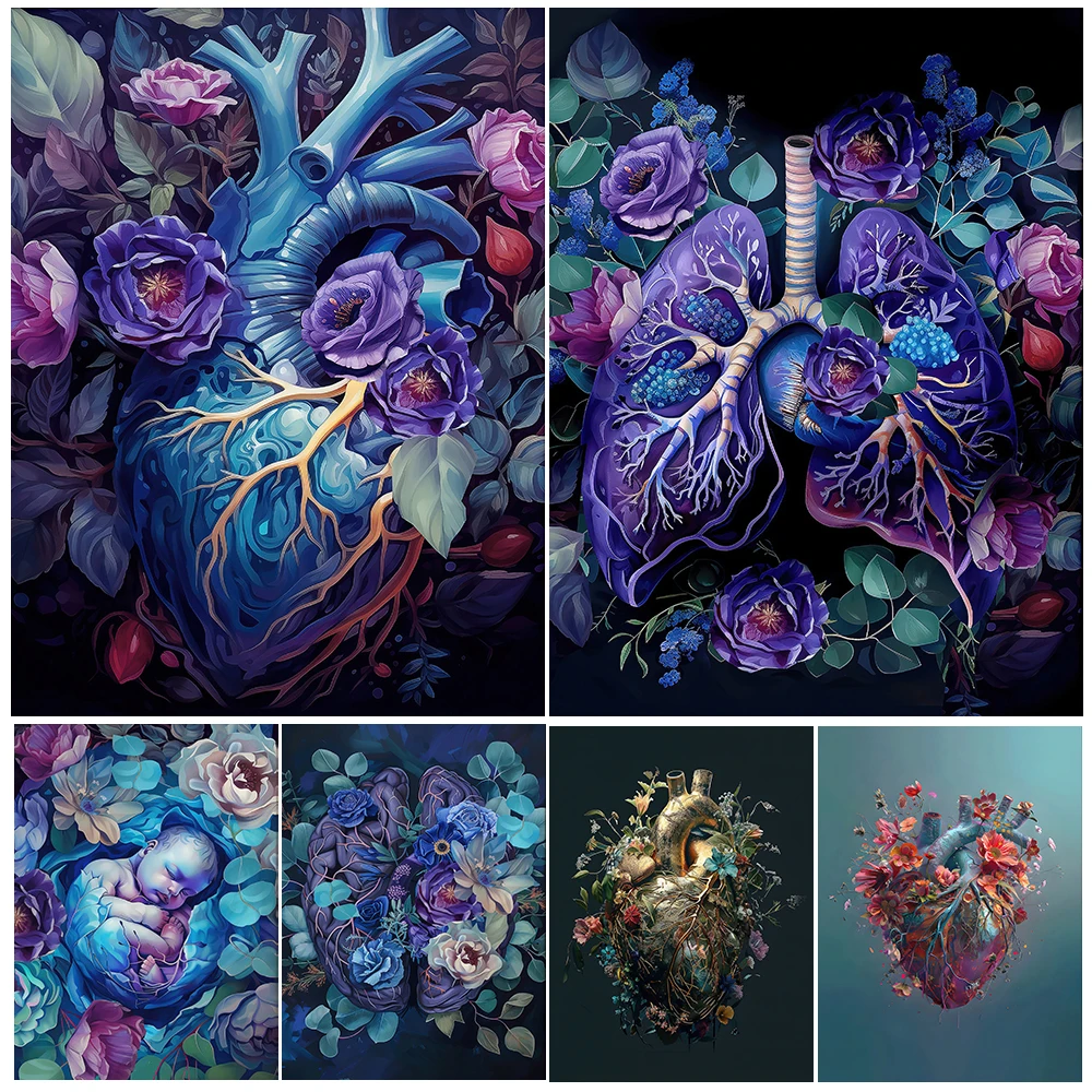 

Anatomical Art Of Heart,Brain And Lungs Abstract Wall Art Canvas Painting,Organs And Floral Art Poster Print,Doctor Gift Decor